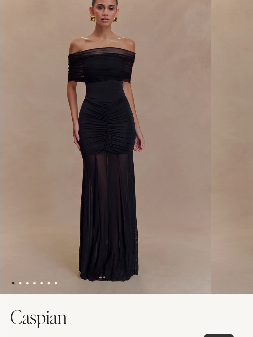 Meshki Caspian Off-Shoulder Black Sheer Ruched Evening Dress